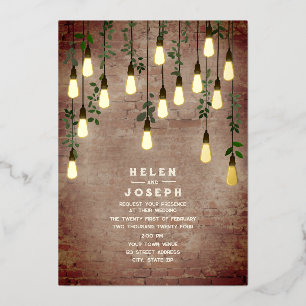 Rustic Brick Vintage Lightbulb Botanical Wedding Foil Invitation