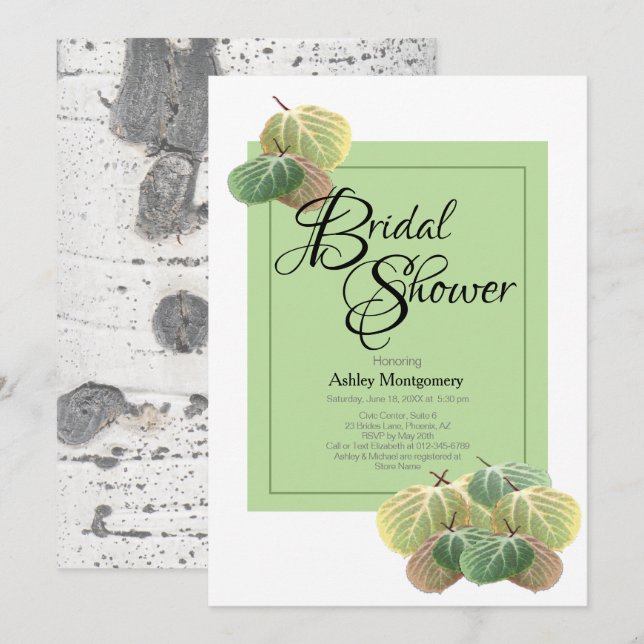 Rustic Bridal Shower Aspen Bark Leaves Green Invitation (Front/Back)