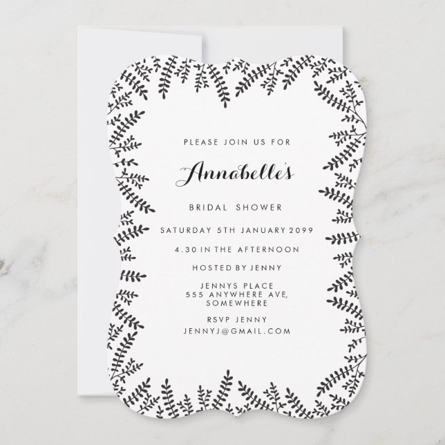 Rustic Bridal Shower Black & White Leaves Border Invitation (Front)