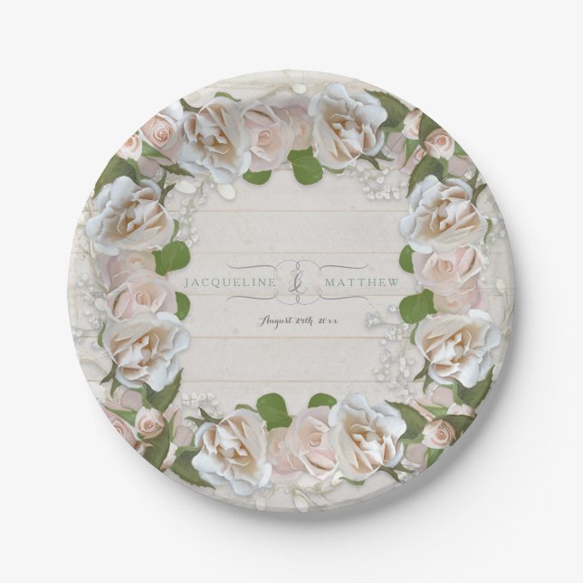 Rustic Bridal Shower Blush Rose Wreath Floral Paper Plates (Front)