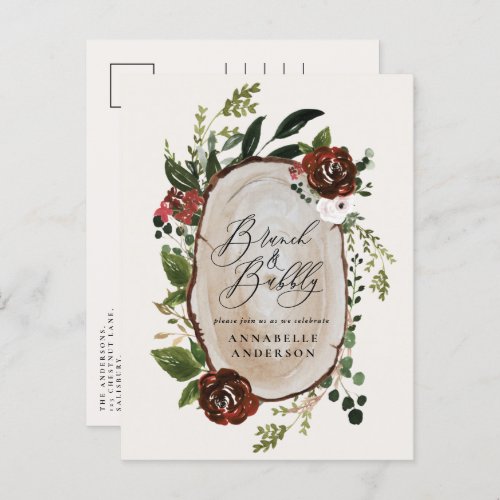 Rustic bridal shower brunch and bubbly burgundy announcement postcard