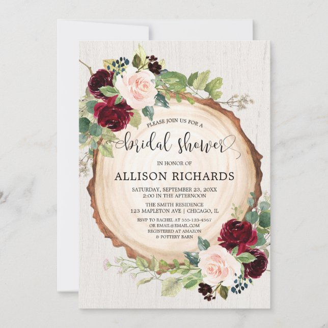 Rustic bridal shower burgundy blush pink floral invitation (Front)