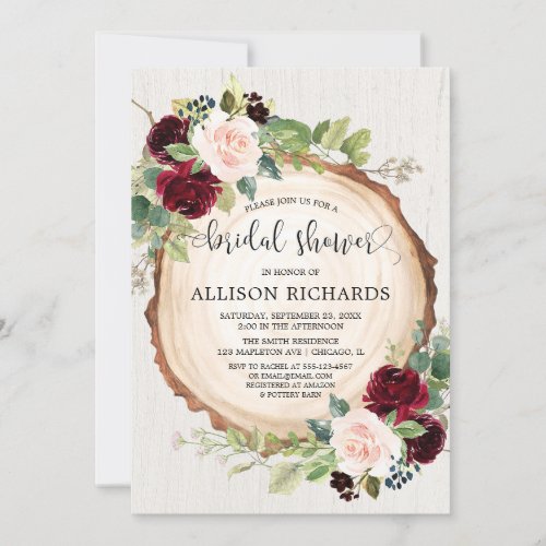 Rustic bridal shower burgundy blush pink floral invitation