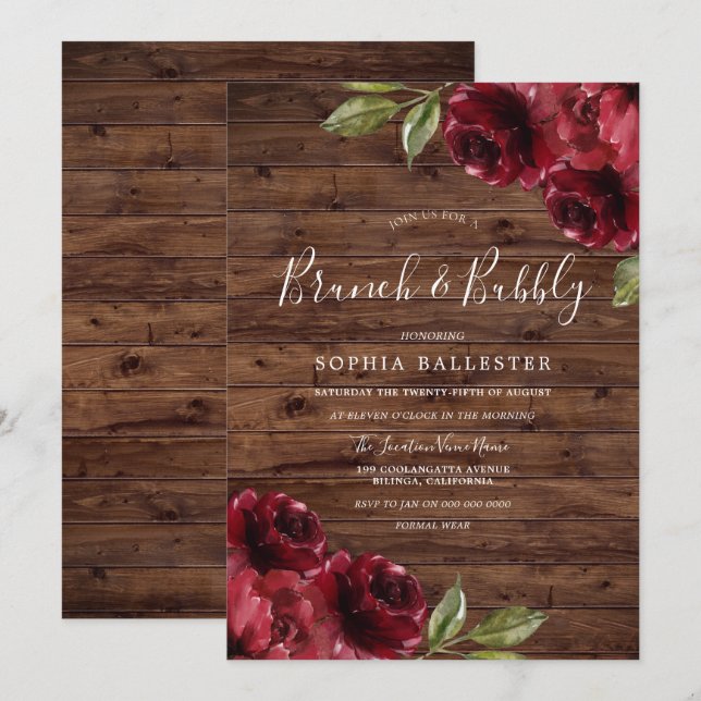Rustic Bridal Shower Burgundy Floral Brunch Bubbly Invitation (Front/Back)