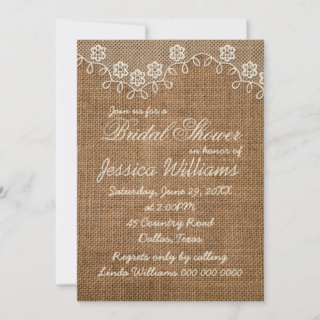 Rustic Bridal Shower Burlap And Lace Invitation (Front)