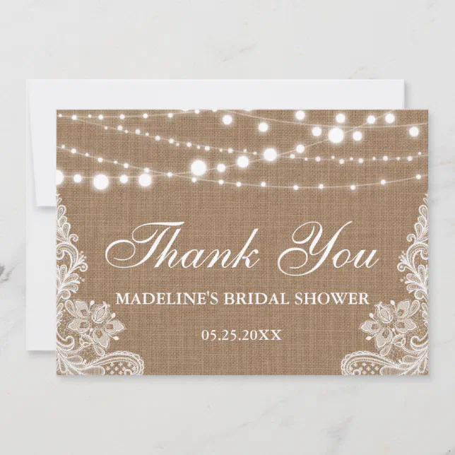 Rustic Bridal Shower Burlap Lights Lace Thank You Card | Zazzle