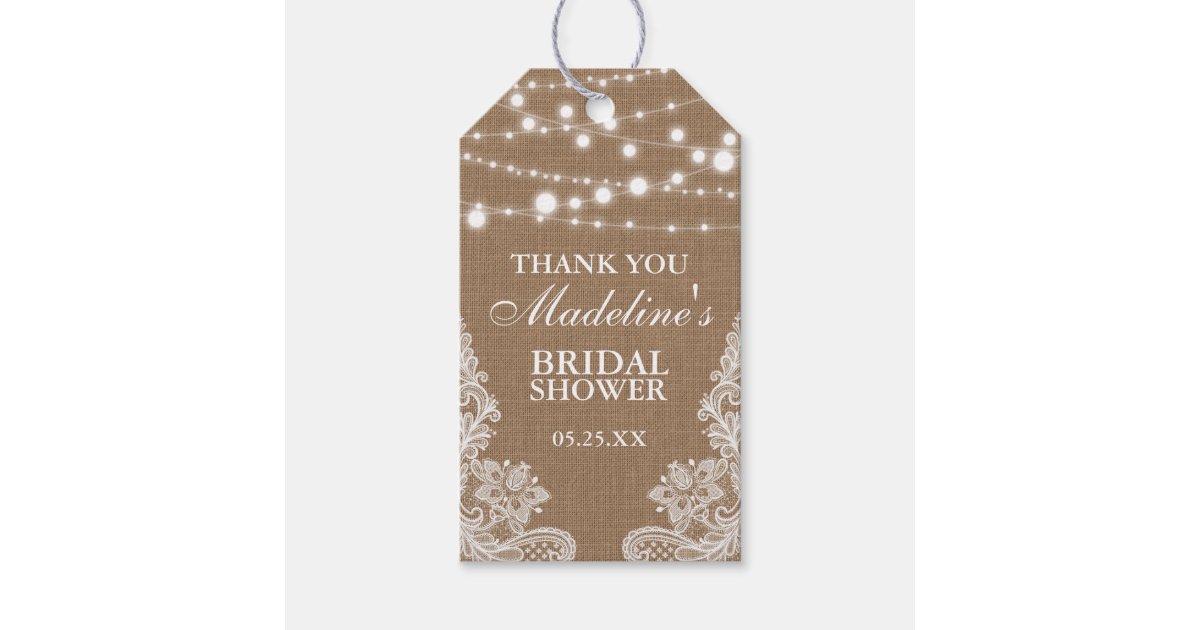 Rustic Bridal Shower Burlap Lights Lace Thank You Gift Tags | Zazzle