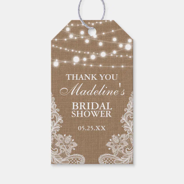 Rustic Bridal Shower Burlap Lights Lace Thank You Gift Tags | Zazzle