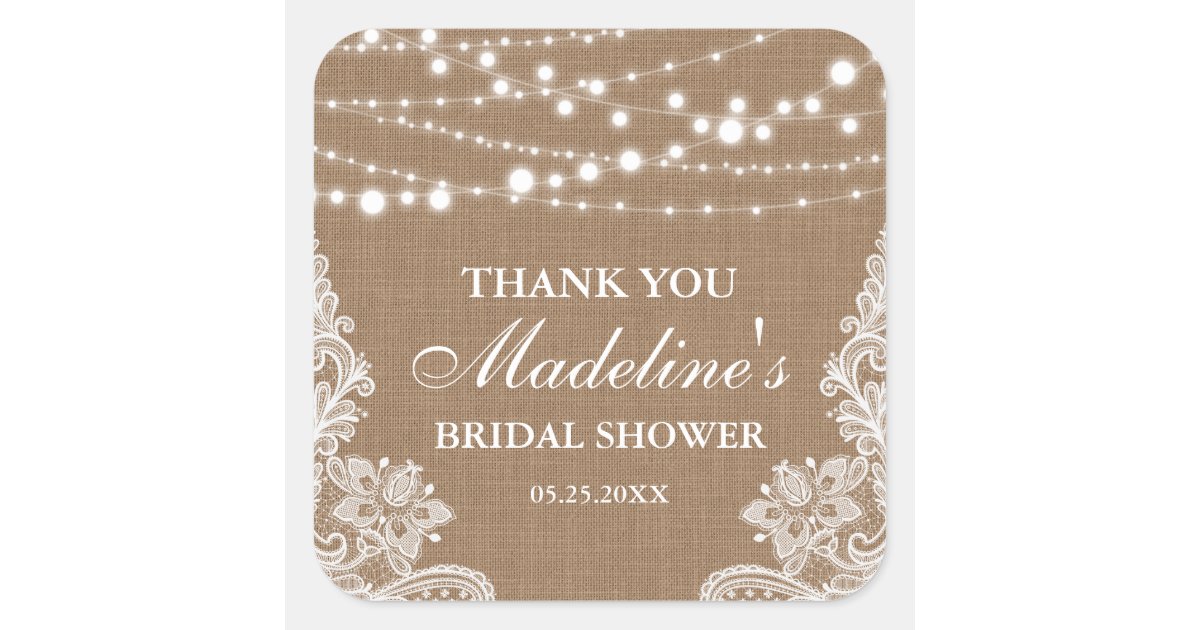 Rustic Bridal Shower Burlap String Lace Thank You Square Sticker | Zazzle