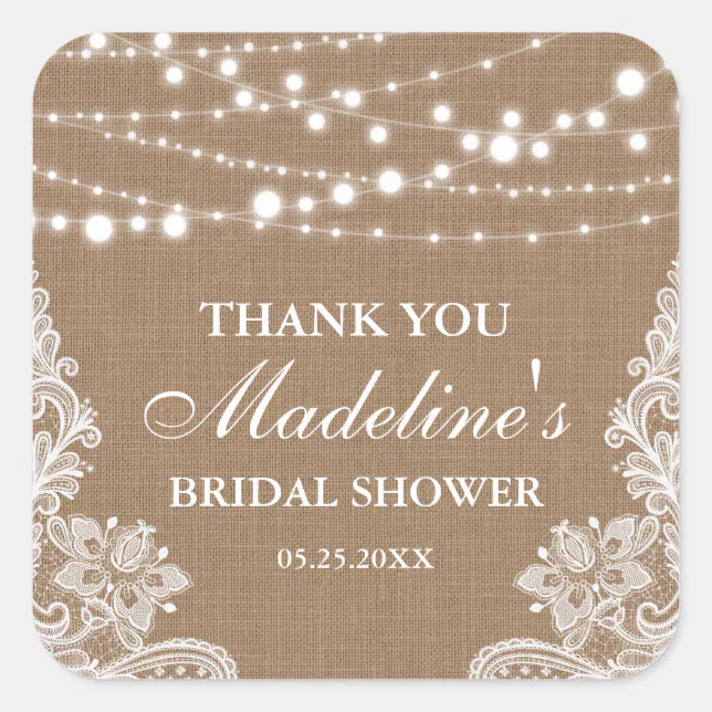 Rustic Bridal Shower Burlap String Lace Thank You Square Sticker | Zazzle
