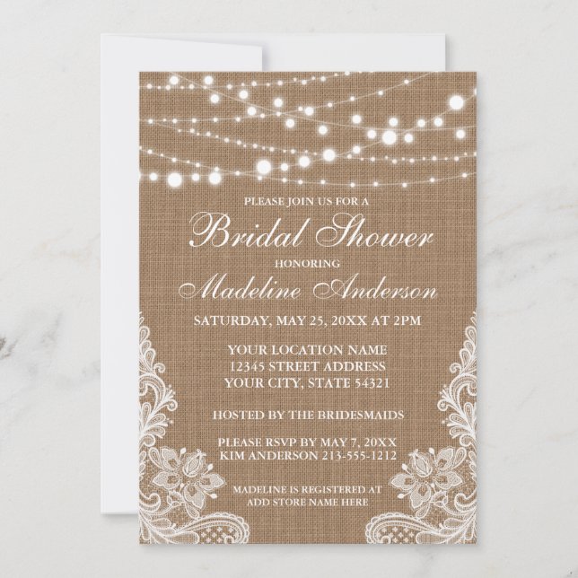 Rustic Bridal Shower Burlap String Lights and Lace Invitation (Front)
