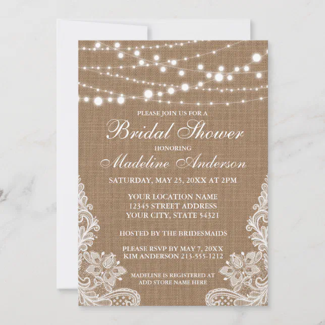 Rustic Bridal Shower Burlap String Lights and Lace Invitation | Zazzle