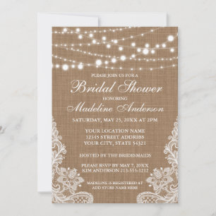 Rustic Bridal Shower Burlap String Lights and Lace Invitation