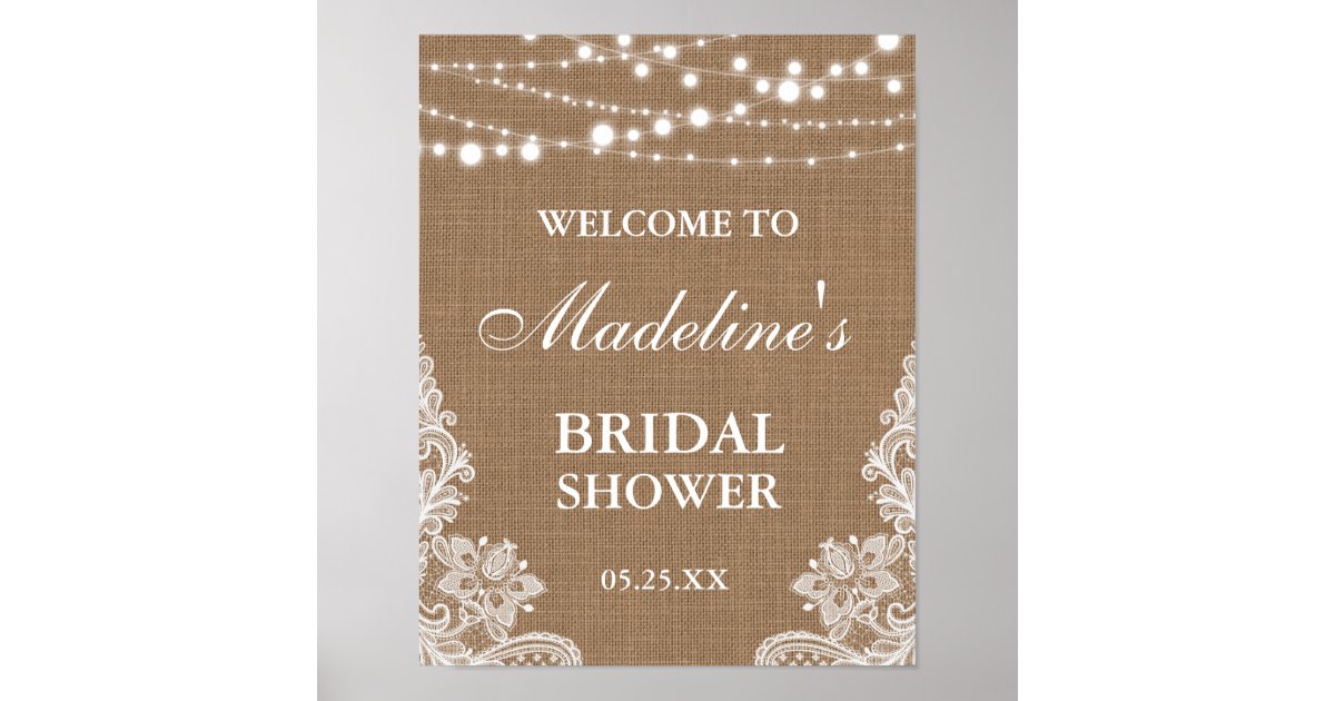 Rustic Bridal Shower Burlap String Lights Lace Poster | Zazzle