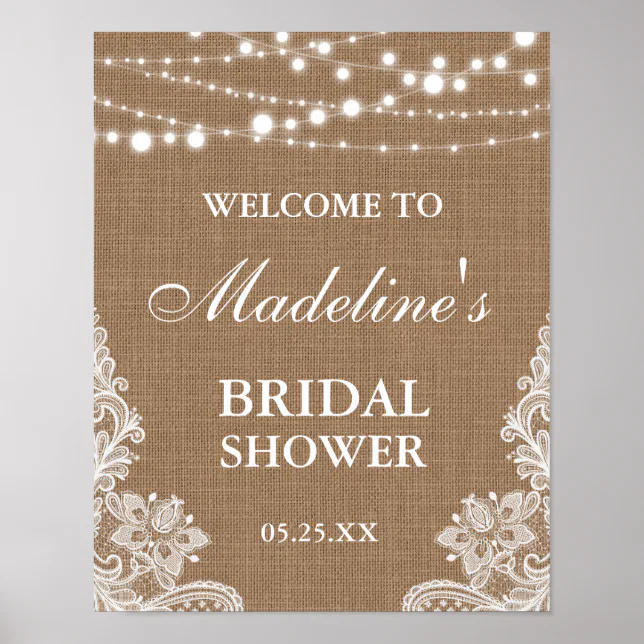 Rustic Bridal Shower Burlap String Lights Lace Poster | Zazzle