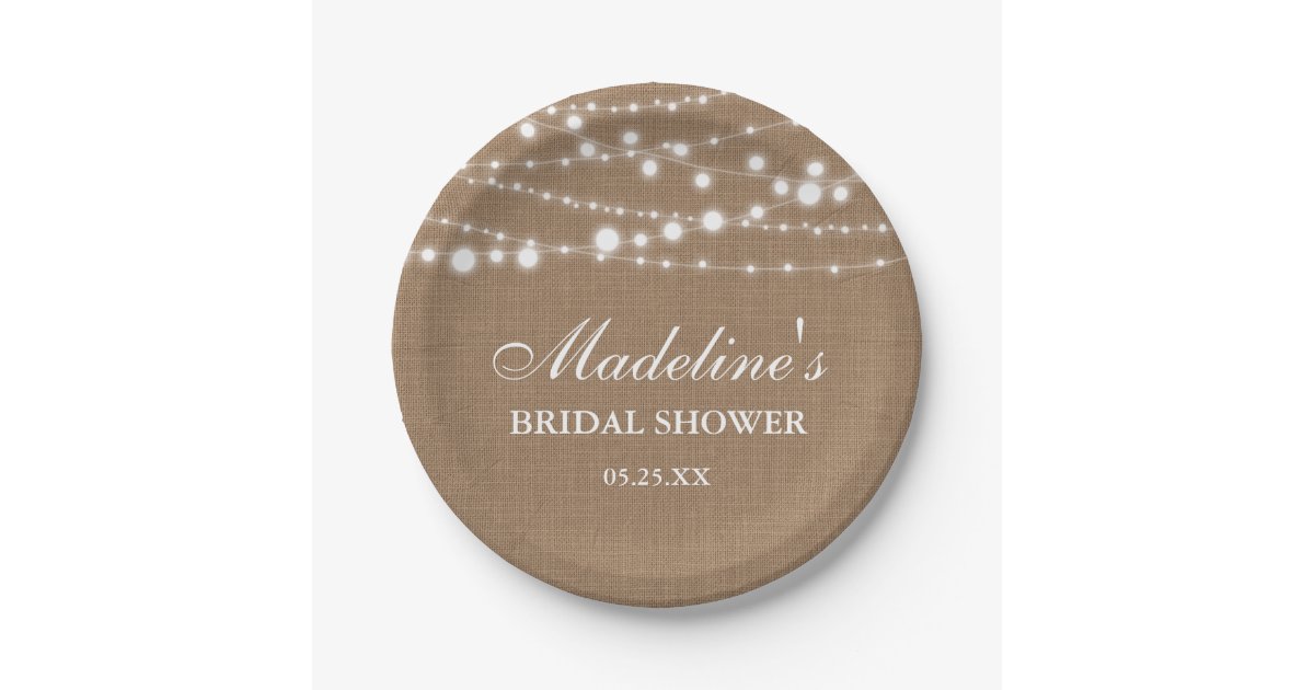 Rustic Bridal Shower Burlap String Lights Paper Plates | Zazzle