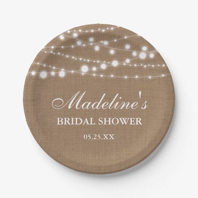 Rustic Bridal Shower Burlap String Lights Paper Plates (Front)