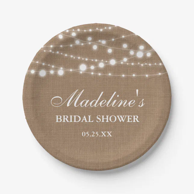 Rustic Bridal Shower Burlap String Lights Paper Plates | Zazzle