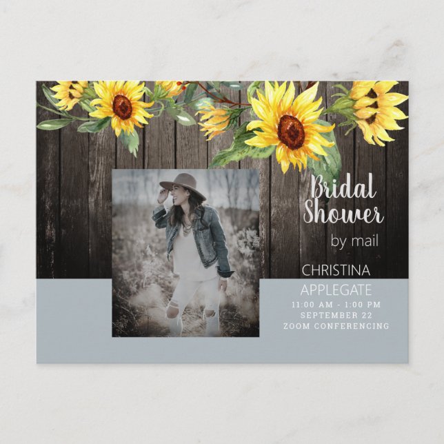 Rustic Bridal Shower by Mail  II Sunflower & Photo Invitation Postcard (Front)