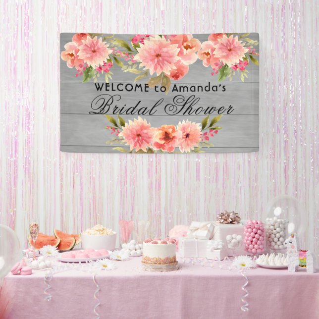 Rustic bridal shower coral dahlia flowers gray banner (Party)