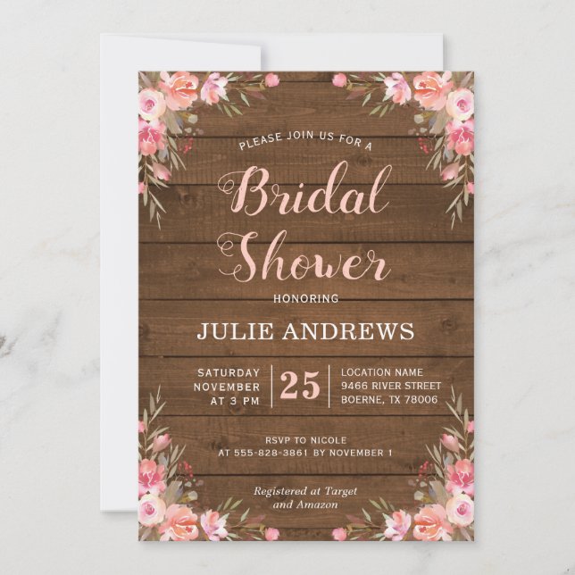 Rustic Bridal Shower Country Chic Pink Floral Wood Invitation (Front)