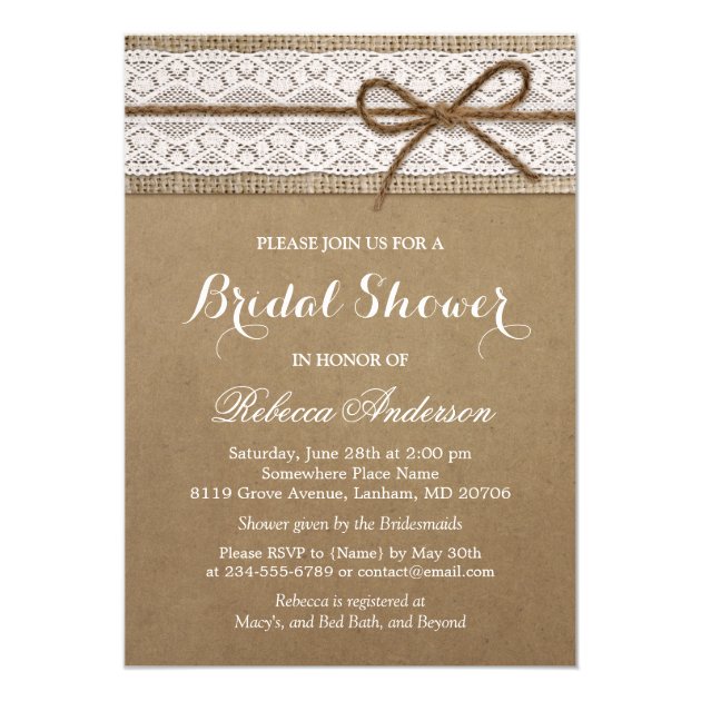 Rustic Bridal Shower Elegant Lace Burlap String Invitation