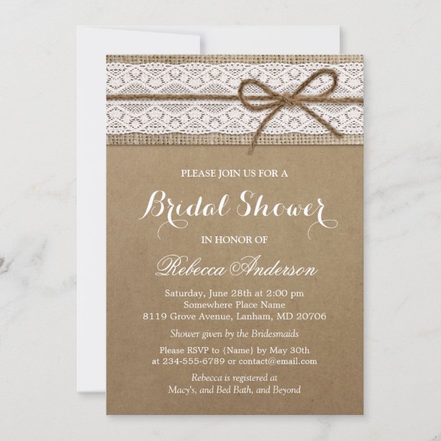 Rustic Bridal Shower Elegant Lace Burlap String Invitation (Front)