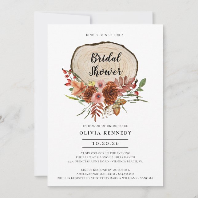 Rustic Bridal Shower Fall Floral Wood Slice  Invitation (Front)