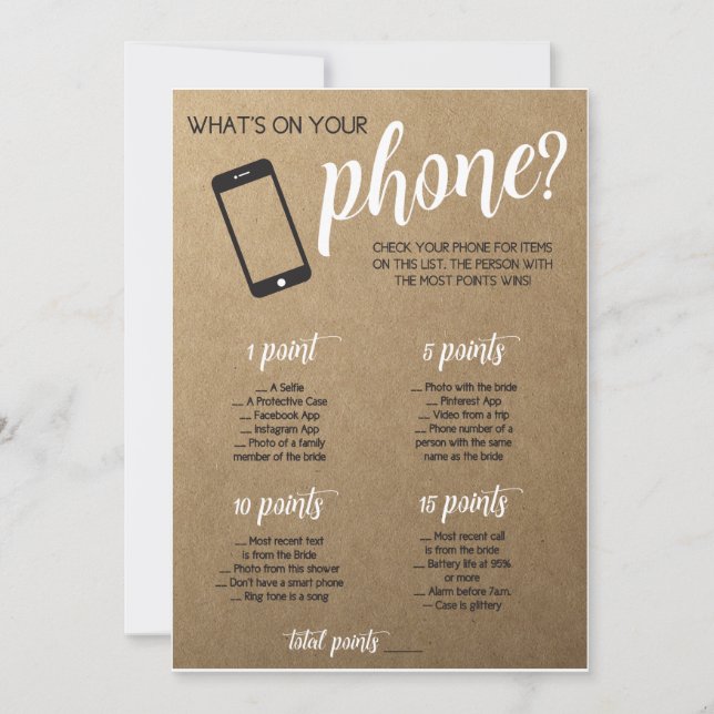 Rustic Bridal Shower Game- Whats in Your Phone (Front)