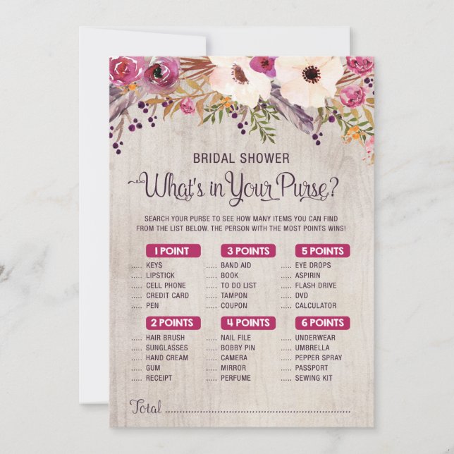 Rustic Bridal Shower Game What's in Your Purse Invitation (Front)