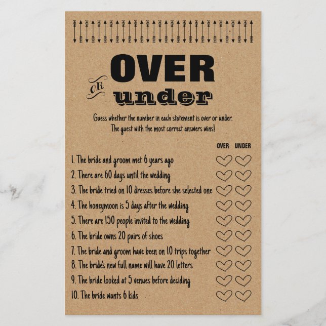 Rustic Bridal Shower Games Over or Under Game Card Flyer (Front)