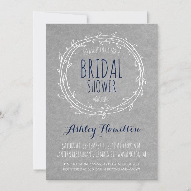 Rustic Bridal Shower invitation in Gray and Navy (Front)