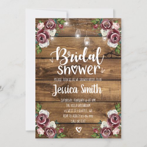 Rustic Bridal Shower Invitation  Marsala  Wood