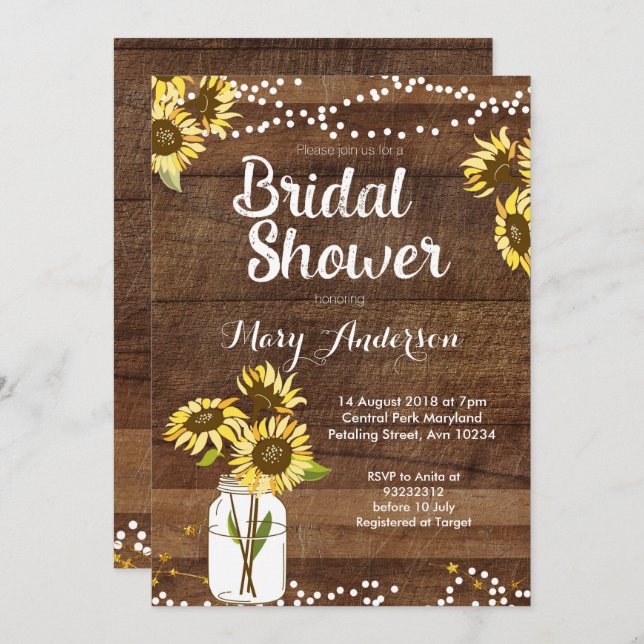 Rustic Bridal Shower Invitation Sunflower (Front/Back)