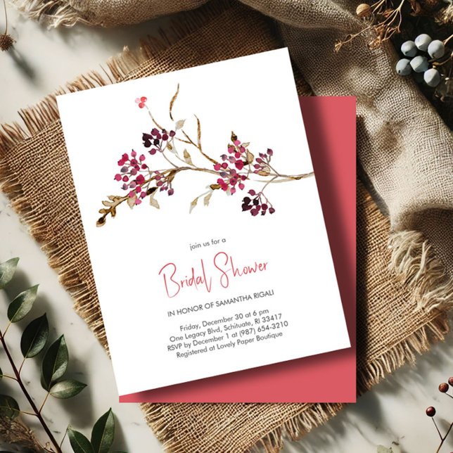 Rustic Bridal Shower Invitations (Rustic bridal shower invitations botanical red berries and brown twigs watercolor)