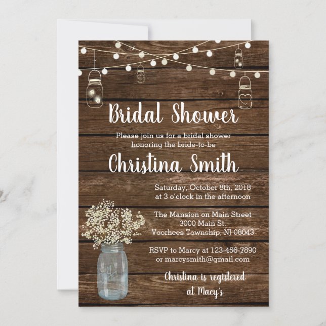Rustic Bridal Shower Invitations with Mason Jars (Front)