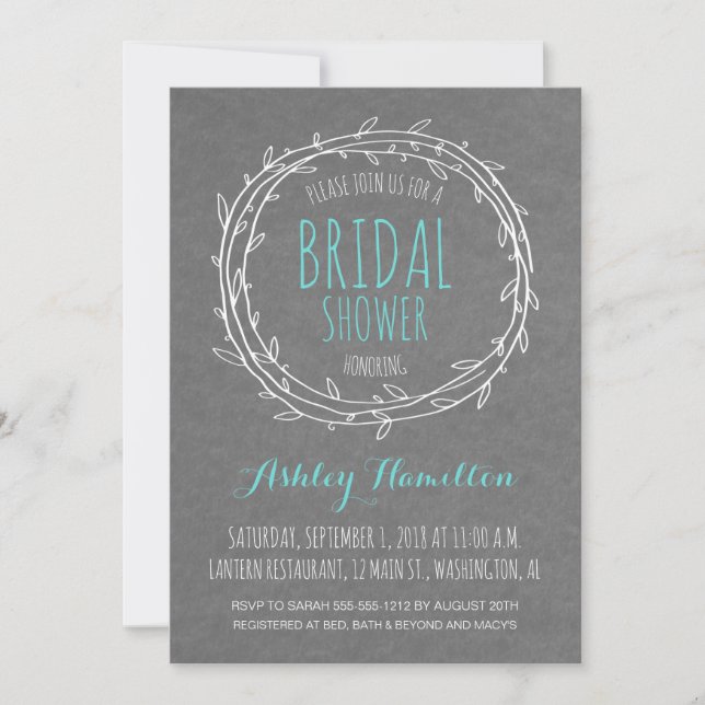 Rustic Bridal Shower invite in Gray and Turquoise (Front)