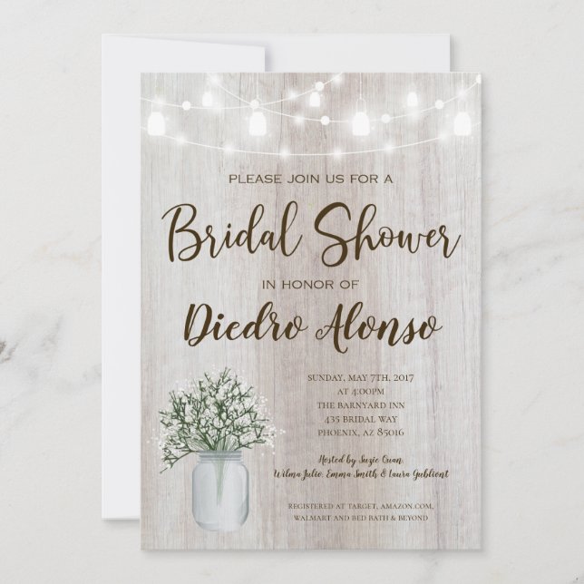 Rustic Bridal Shower Mason Jar Lights Babys Breath Invitation (Front)