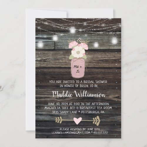 Rustic Bridal Shower Mason Jar Lights Boho Floral  Invitation