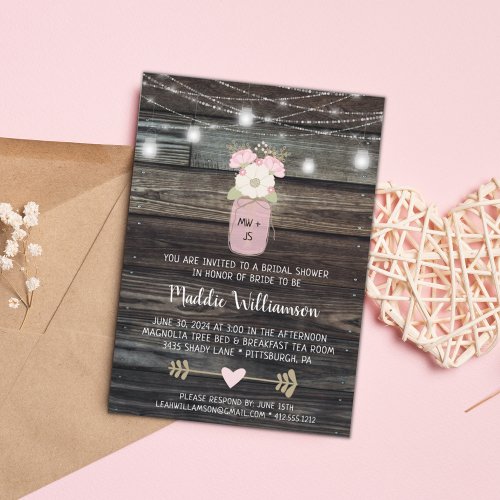 Rustic Bridal Shower Mason Jar Lights Boho Floral  Invitation