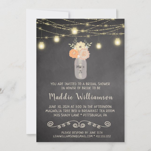 Rustic Bridal Shower Mason Jar Lights Floral Photo Invitation (Front)