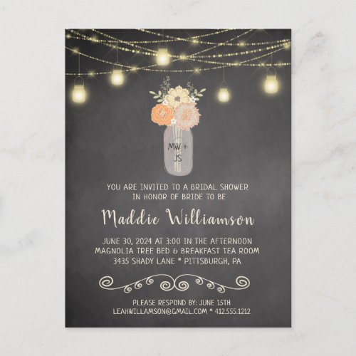 Rustic Bridal Shower Mason Jar Lights Floral Photo Postcard