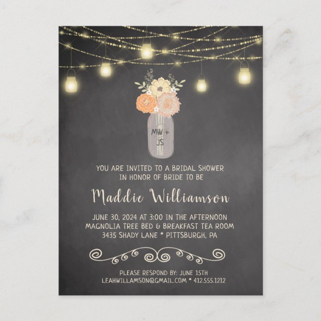 Rustic Bridal Shower Mason Jar Lights Floral Photo Postcard (Front)