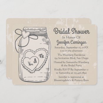 Rustic Bridal Shower Mason Jar Tan Brown  Wedding Invitation by merrybrides at Zazzle