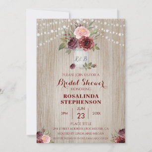 Rustic Bridal Shower Red Floral Wood Background Invitation