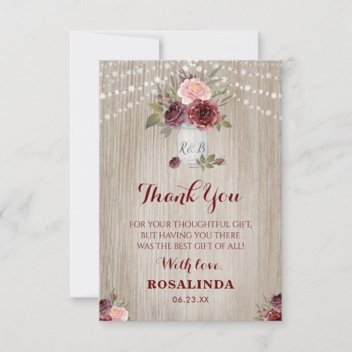 Rustic Bridal Shower Red Floral Wood Background Thank You Card