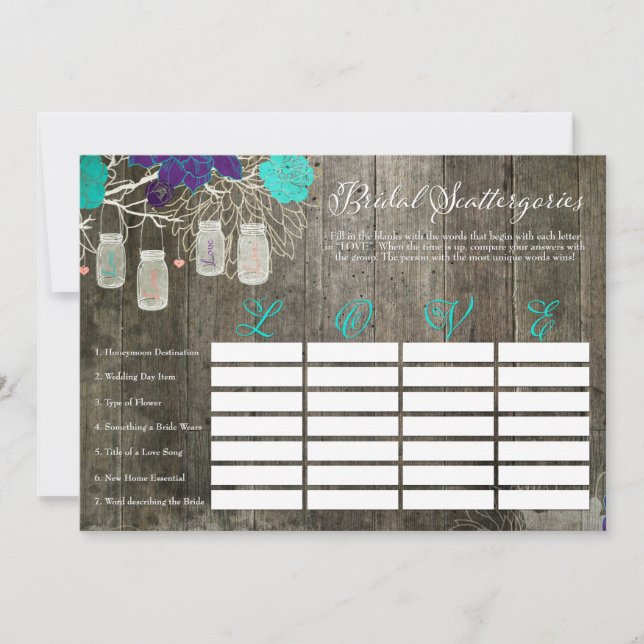 Rustic Bridal Shower Scattergories Love Game (Front)