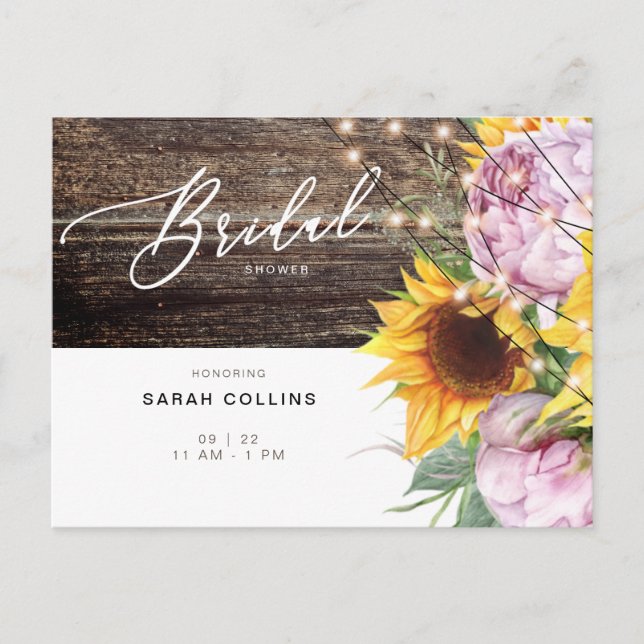 Rustic Bridal Shower Sunflower and Pink Invitation Postcard (Front)