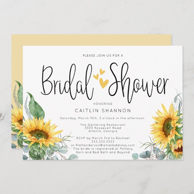 Rustic Bridal Shower Sunflower with Yellow Hearts Invitation (Front/Back)