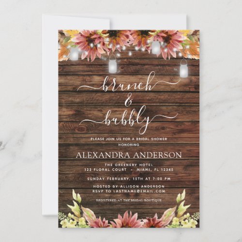 Rustic Bridal Shower Sunflowers Brunch  Bubbly Invitation